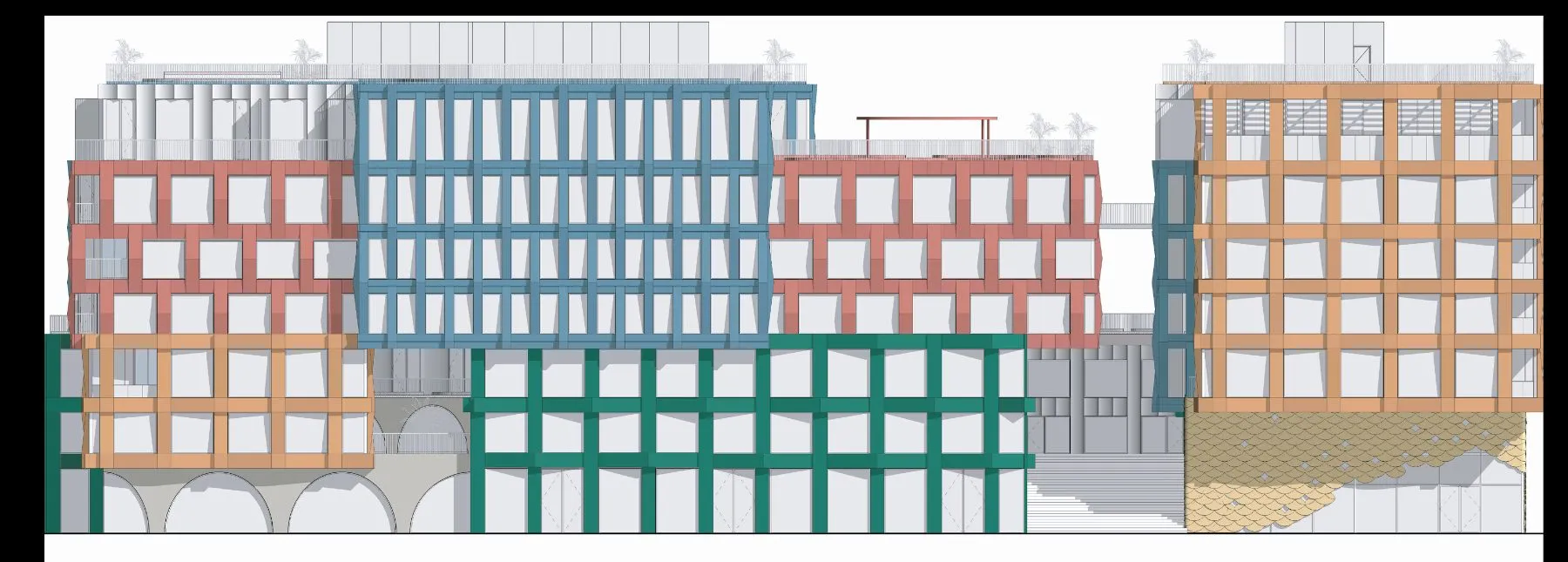 Alzado de fachada frontal · El tejido traducido en arquitectura